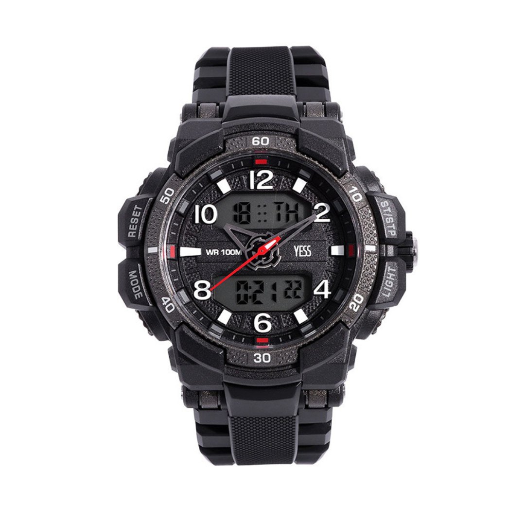 Reloj Yess Sport Caballero Grande Silicona Negro Caja Plastica AnalógicoDigital 10Atm