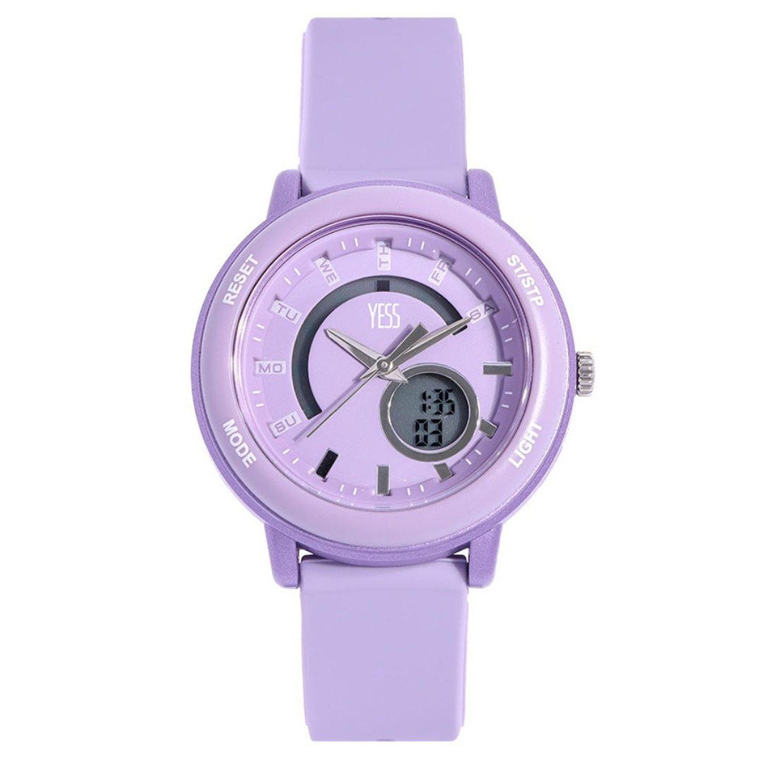Reloj Yess Casual Dama Pequeño Silicona Morado Caja Plastica Digital Analogico 10Atm