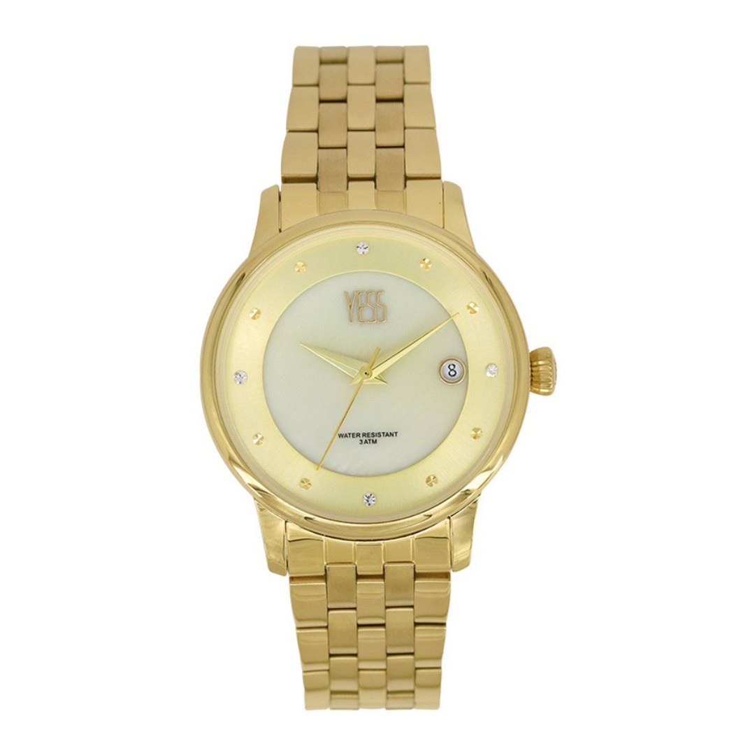Reloj Yess Casual Dama Mediano Acero Dorado Caja Alloy Analógico 3Atm