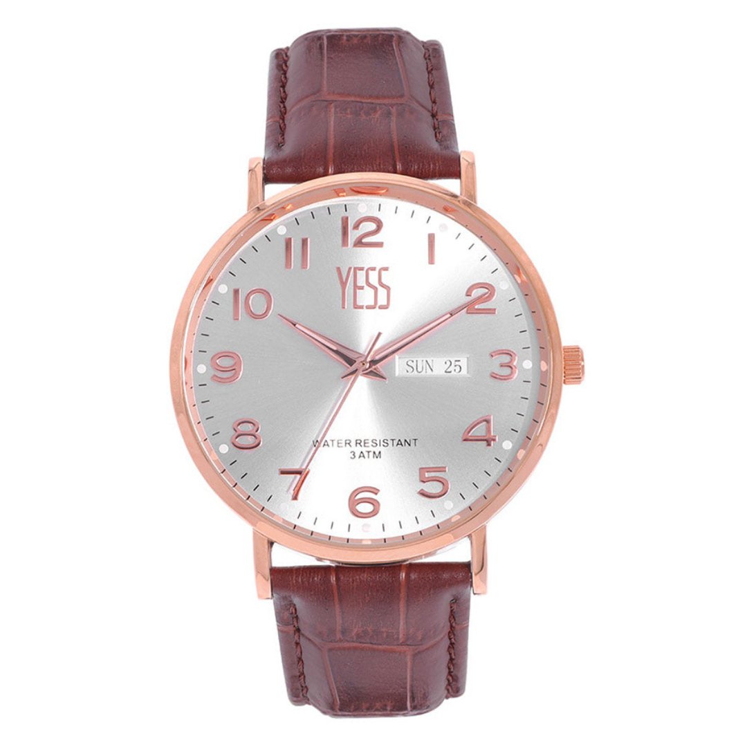 Reloj Yess Casual Caballero Grande Cuero Marron Caja Alloy Analogico 3Atm