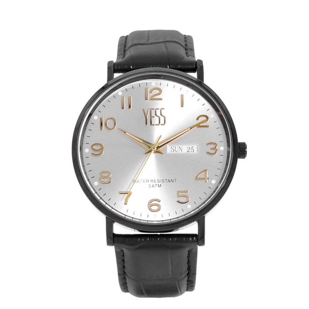 Reloj Yess Casual Caballero Grande Cuero Negro Caja Alloy Analogico 3Atm