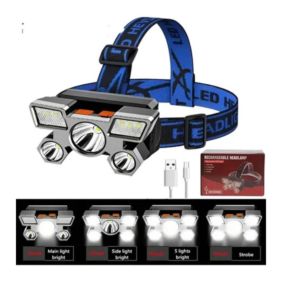 Linterna De Cabeza Recargable 5 Focos Camping Usb Led - Vista 4