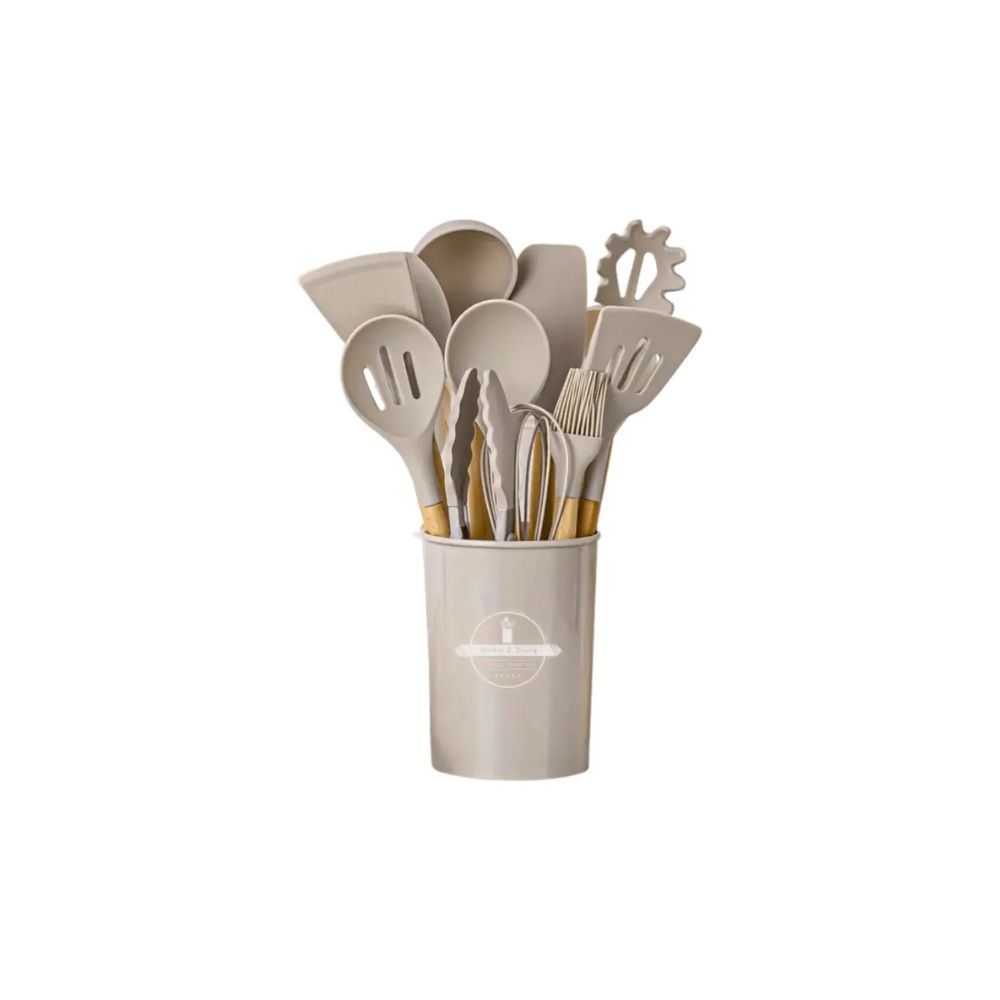 Set De Utensilios De Cocina Silicon Y Madera 12 Piezas beige