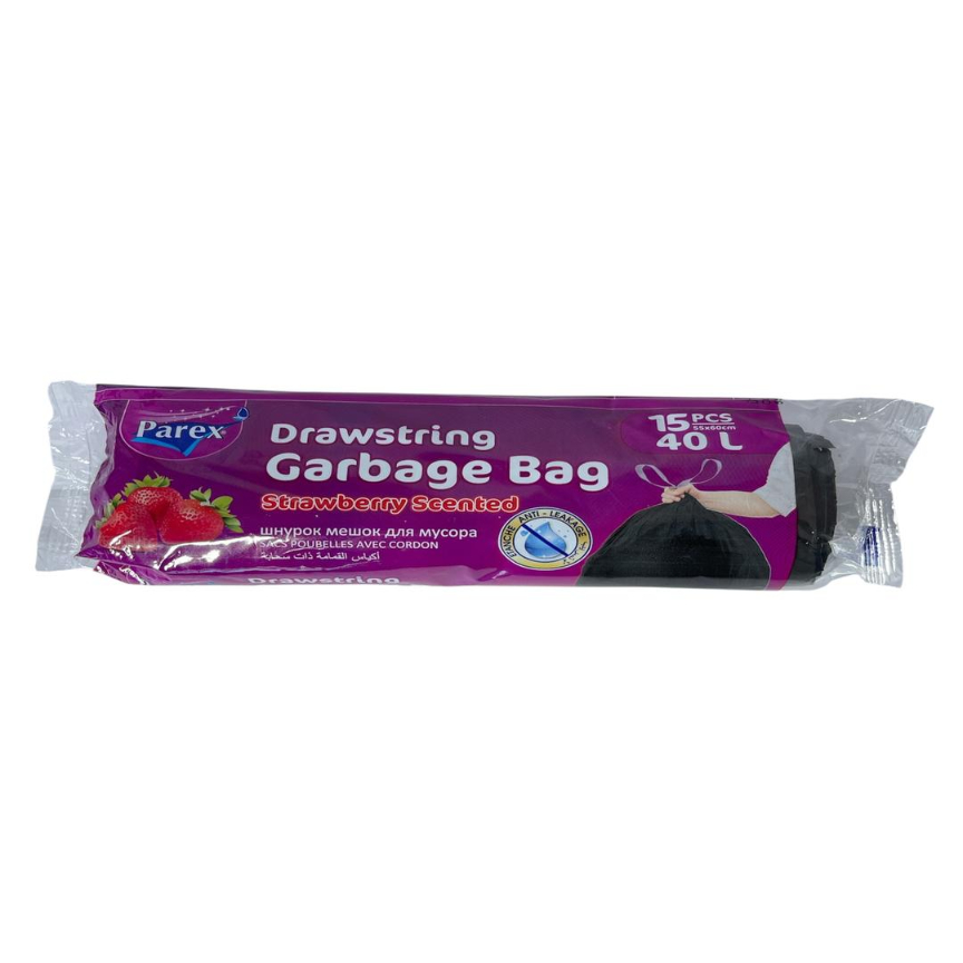 Bolsas de Basura Económica con Cordón Olor a Fresa 55x60cm 40L Parex 15 Und