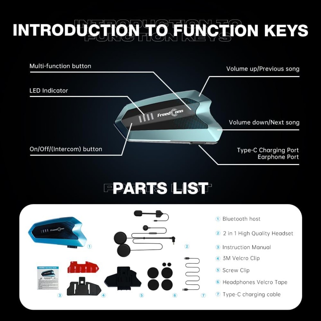 Intercomunicador para Casco Moto FreedConn HERO Alcance 1.5 km, Bluetooth 5.1, Batería 11100 mAh