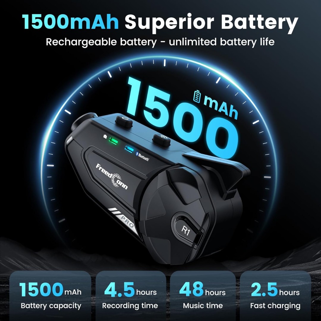 Intercomunicador para Casco Moto FreedConn R1 PRO Cámara 2K, Alcance 1 km, Bluetooth 5.0, Batería 1500 mAh - Vista 6