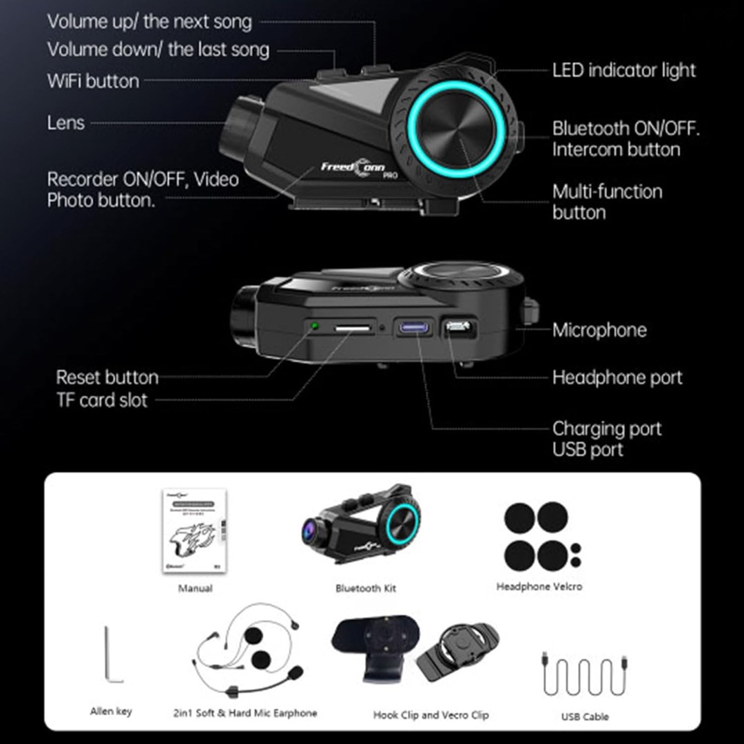 Intercomunicador para Casco Moto FreedConn R3 PRO Cámara 2K, Alcance 1 km, Batería 2000 mAh - Vista 5