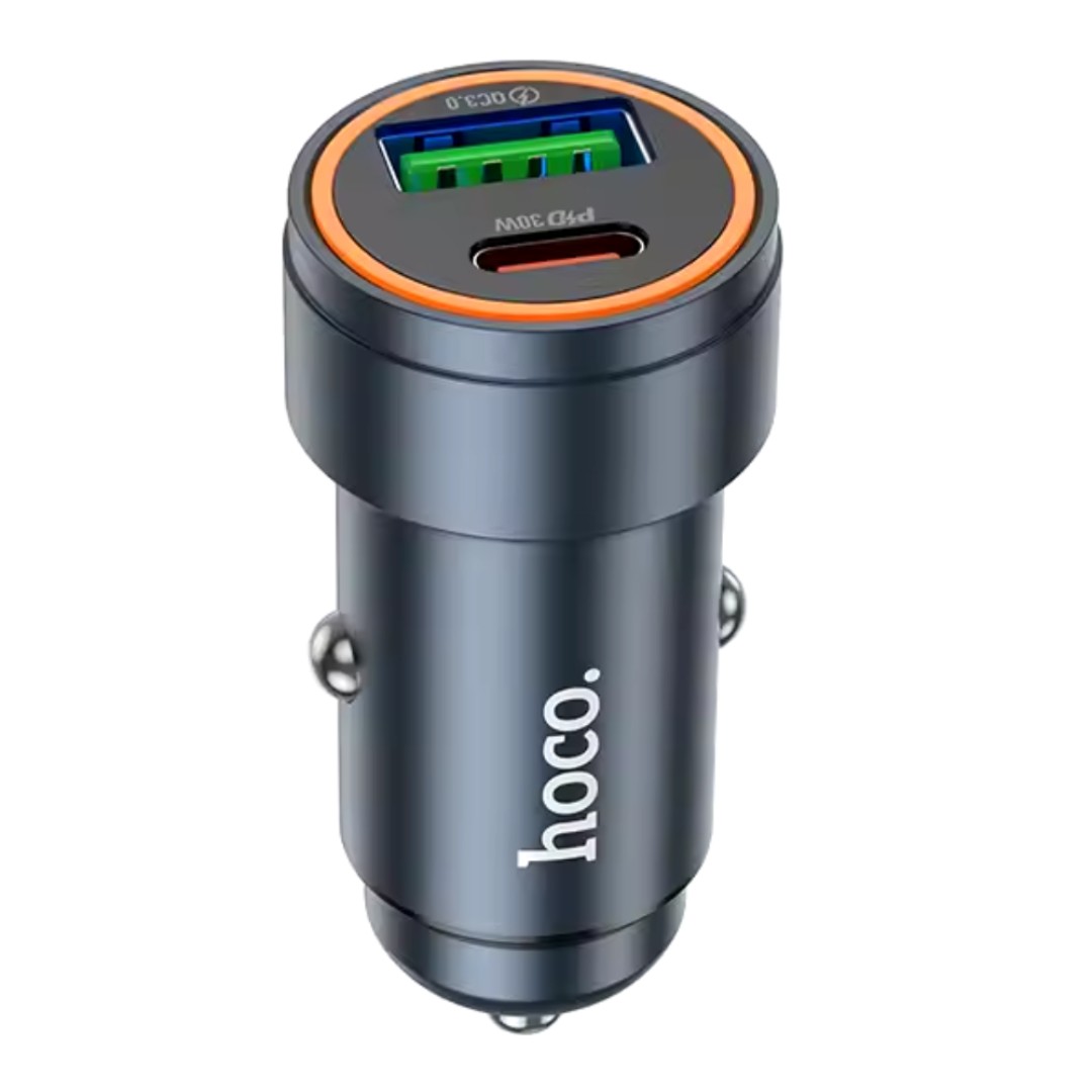 Cargador de Teléfono Hoco Z57A para Carro – USB-C PD30W + USB-A QC3.0 | Carga Rápida Segura