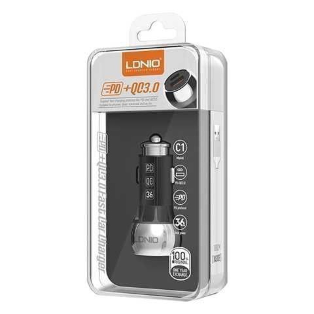 Cargador de Teléfono LDNIO 38W para Carro – USB-C PD + USB-A QC3.0 | Alta Velocidad