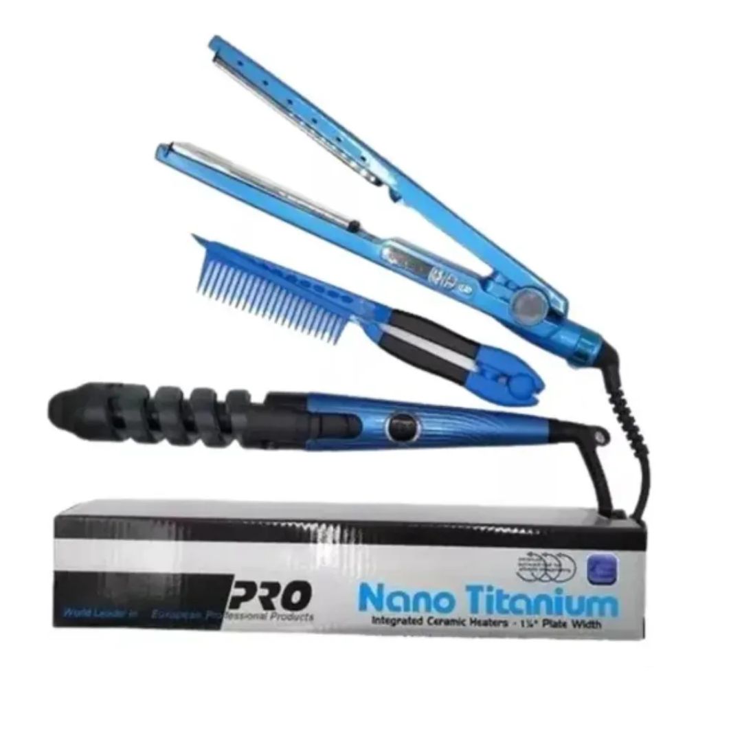 Kit Plancha De Cabello Y Rizadora Combo Nano Titanium Peine