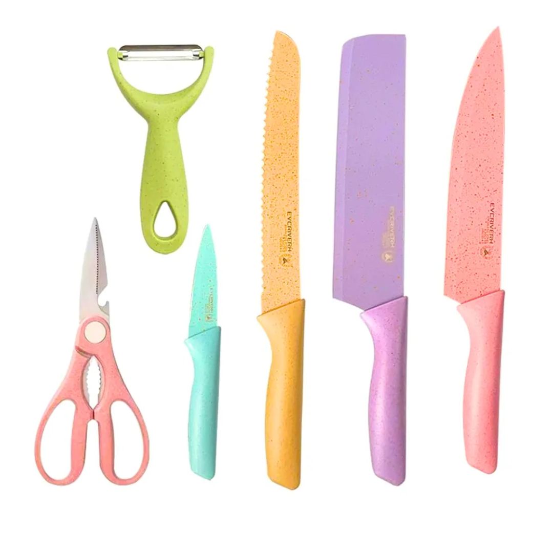 Juego Cuchillos 6 Piezas Colores Vegetal Fruta Tijera Cocina