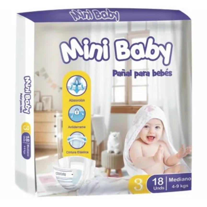 Pañal desechable marca Mini Baby Talla M 4-9 Kg 18 Unidades