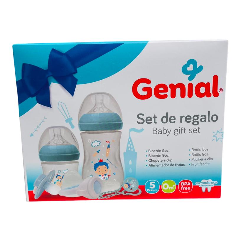 Set de regalo azul con 2 biberones, chupón con clip y alimentador de frutas marca Genial para bebé