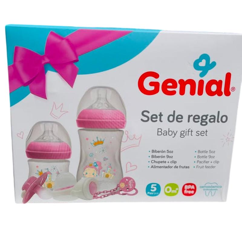 Set de regalo rosado con 2 biberones, chupón con clip y alimentador de frutas marca Genial para bebé